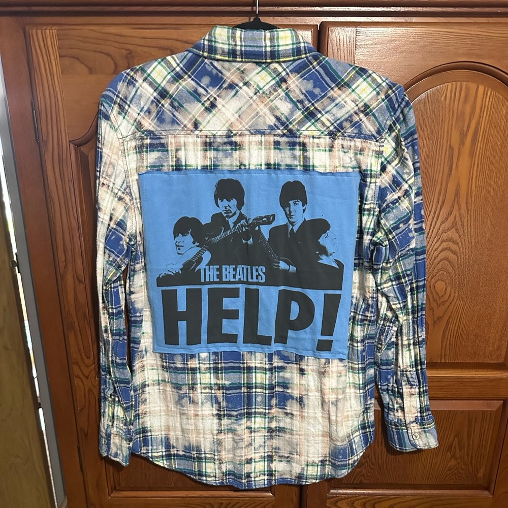 The Beatles Help upcycled bleached flannel tee One of a Kind
